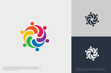 abstract global crown people colorful logo minimalist style illustration. Teamwork symbol.