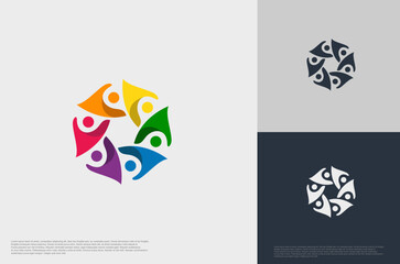 abstract global crown people colorful logo minimalist style illustration. Teamwork symbol.