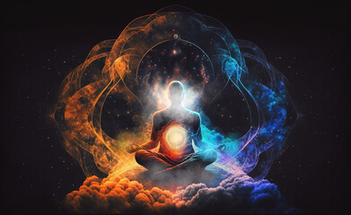 Enlightenment trough meditation. Spiritual awakening tantric meditation. Generative AI - obrazy, fototapety, plakaty