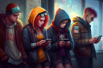 Fototapeta na wymiar Social dependency. Gadgets and people. teenagers spend time on the phone. Society immersed in gadgets. Group of people all checking their phones at once. Generative AI