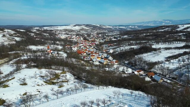Silvasu de Sus village, Hateg, Romania, Europe. Drone footage.
