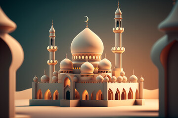 Obraz premium White Mosque with sunlight, islamic background, generative ai