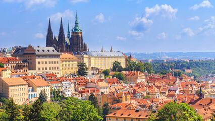 Summer cityscape, panorama, banner - view of the Mala Strana historical district and castle complex...