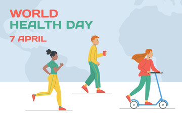 Naklejka premium World health day background. People go in for sports, ride a bike