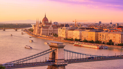 City summer landscape at sunset - top view of the historical center of Budapest with the Danube river, in Hungary