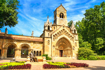 View of the Jaki Chapel chapel in the Romanesque style on the territory of the Vajdahunyad Castle in the City Park of Budapest, Hungary - obrazy, fototapety, plakaty