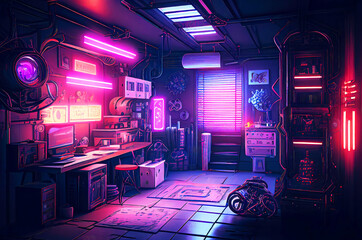 Futuristic Robot Workshop with Neon Lights in Dystopian Style,  Cyberpunk city, generative ai illustration [Sci-Fi Fantasy Horror Background, Game, Graphic Novel, or Postcard Image]