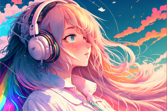 Lofi style beautiful anime girl with headphones, blue eyes and rainbow hair, background. Manga. Cartoon. Hip hop music. Positive vibes. Chill atmosphere. Pink bright colors. Generative AI.