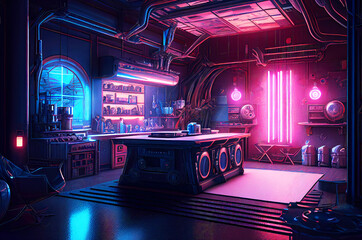 Futuristic Robot Workshop with Neon Lights in Dystopian Style,  Cyberpunk city, generative ai illustration [Sci-Fi Fantasy Horror Background, Game, Graphic Novel, or Postcard Image]