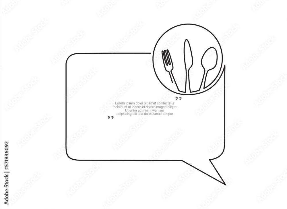Poster continuous one line drawing of plate, knife and fork and speech bubble. trendy line art vector on a 