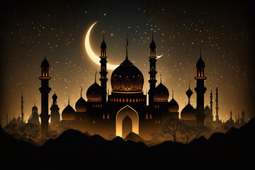Islam, ramadan. Mosque silhouette in night sky with crescent moon and star. Generative AI