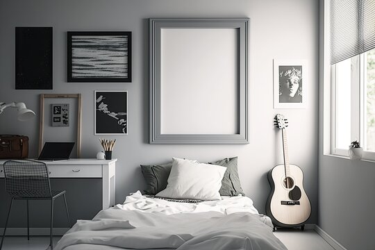 Blank frame on Wall in a teenagers room. Mock up template for Design or product placement created using generative AI tools