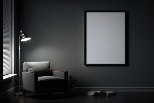 Blank frame on a dark Wall in a modern dark living room. Mock up template for Design or product placement created using generative AI tools
