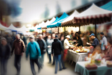 Individuals wandering at a market in a blur. Generative AI