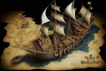 Pirate treasure map with pirate ship and sea, 3d style. Generate AI