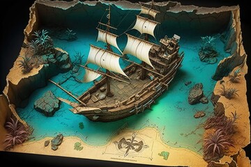 Pirate treasure map with pirate ship and sea, 3d style. Generate AI