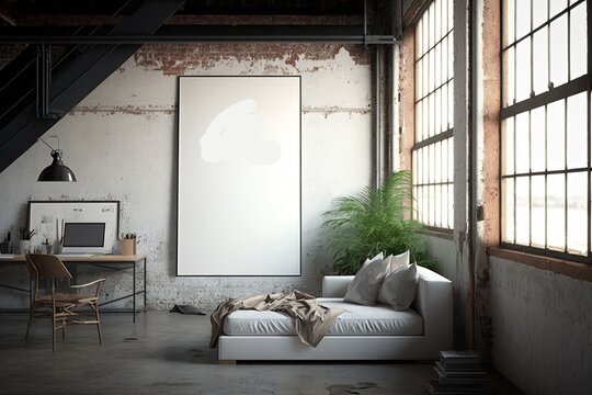 Blank white frame in a moden style loft appartement. Mock up template for Design or product placement created using generative AI tools