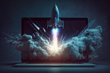 Digital illustration of rocket and laptop, background with blue neon light. Generative AI - obrazy, fototapety, plakaty
