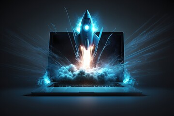 Digital illustration of rocket and laptop, background with blue neon light. Generative AI