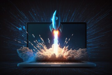Digital illustration of rocket and laptop, background with blue neon light. Generative AI
