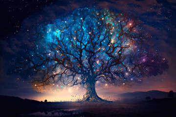Obraz na płótnie Canvas Magnificent big tree, glittering fruit, magnificent landscape, sparkling starry sky. Generative AI