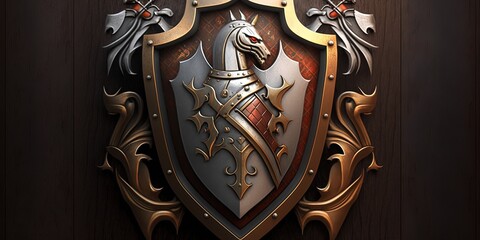 Illustration of silver medieval emblem, coat of arms, background. Generative AI