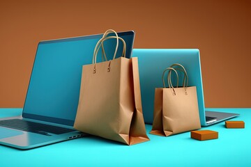 Laptop and shopping bags illustration, background. Generative AI