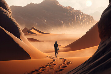 Man walking in the desert, sandstorm over the sand dunes. AI generative