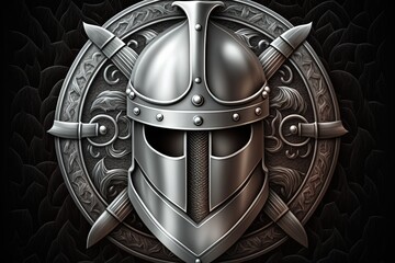 Illustration of silver medieval emblem, coat of arms, background. Generative AI