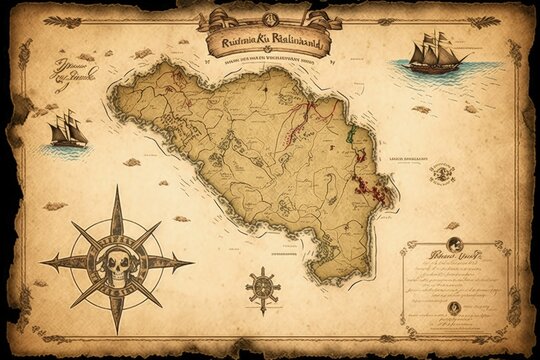 Pirate treasure map with ship and sea. Generative AI