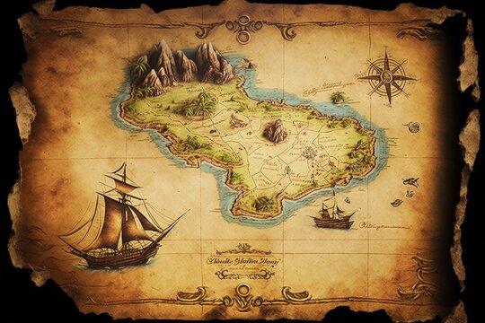 Pirate treasure map with ship and sea. Generative AI