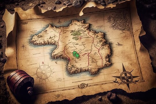 Pirate treasure map with ship and sea. Generative AI