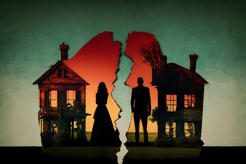 Apartment is torn in half. Concept division of jointly acquired property in marriage, separation of house during divorce of family. Generation AI