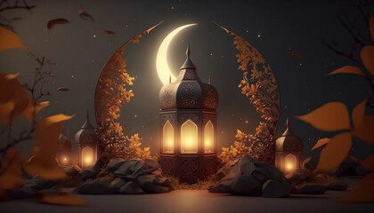 Islamic lampion with moonlight, and leaf in foreground, generative ai