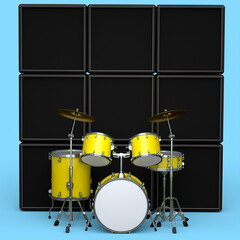 Set of realistic drums with metal cymbals or drumset and amplifier on blue