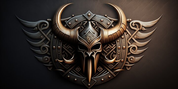 Viking coat of arms with adornments made of copper, helmet with horns, background. Generative AI