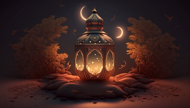 Islamic lampion with moon light, ramdan kareem, generative ai