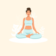 Female cartoon character sitting in lotus posture and meditating. Girl with crossed legs. Colorful flat vector illustration with plants. Faceless poster of young pretty woman for yoga center.