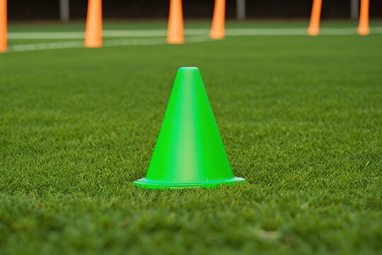 Football training cone aligned on artificial grass pitch, ready for dribbling and movement training. Generative Ai image.