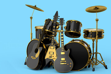 Fototapeta na wymiar Set of realistic drums with metal cymbals on stand and acoustic guitars on blue