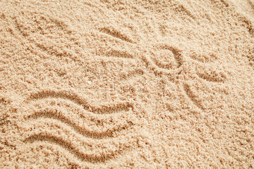 Naklejka na ściany i meble A drawing on the sand by the sea travel background