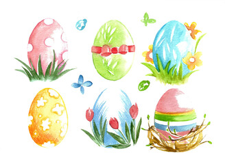 A set of Easter eggs. Colorful eggs in the grass and with a pattern. Watercolor illustration for design on a white background.