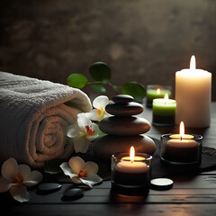 Obraz na płótnie Canvas Spa concept, candles, towels, massage stones, soft light. Generated by AI technology