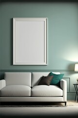 Living room with blank photoframe on wall with copy space, created using generative ai technology