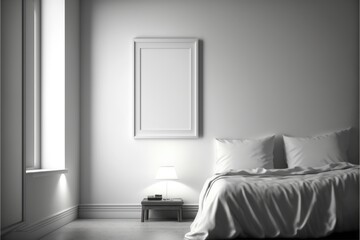 Bedroom with blank photoframe on wall with copy space, created using generative ai technology