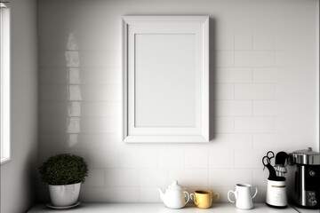Fototapeta na wymiar Kitchen with blank photoframe on wall with copy space, created using generative ai technology
