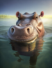 hippo smiling looking out of a river generative AI