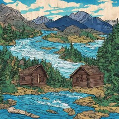 Wooden cabin near mountains and river with forest