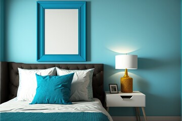 Bedroom with blank photoframe on wall with copy space, created using generative ai technology