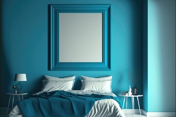 Bedroom with blank photoframe on wall with copy space, created using generative ai technology